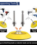 120 Pack 3 Inch Polishing Pad Set For Drill Sanding Attachment With 5/16 And 1/4 Inch Shanks shown with pneumatic and electric tools.
