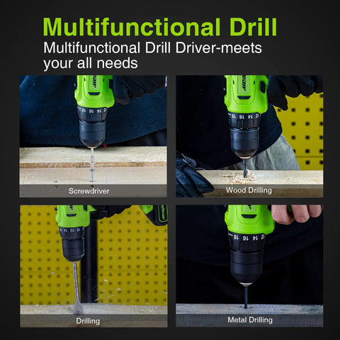 Cordless 20V Drill Kit With Battery And Charger Two Speed Gear Eighteen Plus One Torque Settings Three Eighths Inch Chuck in use