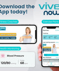 Vive Now app interface showing wrist exercises for carpal tunnel and health monitoring features on mobile screens.