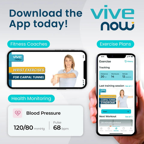 Vive Now app interface showing wrist exercises for carpal tunnel and health monitoring features on mobile screens.