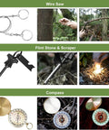 17 In 1 Emergency Survival Kit in use: wire saw cutting branch, flint stone igniting fire, compass showing direction outdoors.