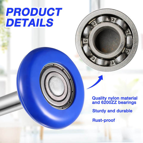 Close-up of 24 Pack Nylon Garage Door Rollers 1.8 Inch Replacement Wheels For 2 Inch Track Blue With 4.7 Inch Stem Ultra Quiet Bearings 6200ZZ