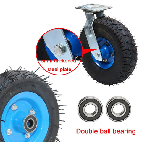 Badass Heavy Duty Industrial Caster Wheels With Two Swivel Brakes And Smooth Roll Solid Eight Or Ten Inch Setup for pro transport trolley rig, featuring 5mm thick steel plate.