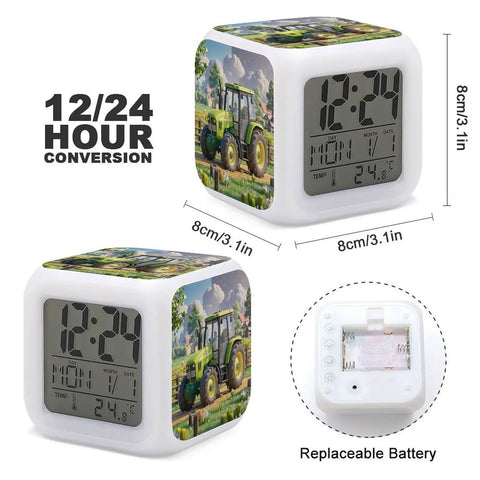Tractor Farm Alarm Clock With 7 Color Changing Night Light, Digital Temperature Display; cube design with battery compartment