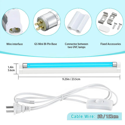 Diagram of Powerful 6W UVC Sanitizer Lamp with wire, connector, and accessories shown. Length 9.25in, wire 5ft.
