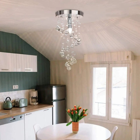 Spiral Crystal Chandelier Flush Mount with Raindrop Crystal Orbs in a kitchen, 8 inch diameter, 15.8 inch height, elegant design