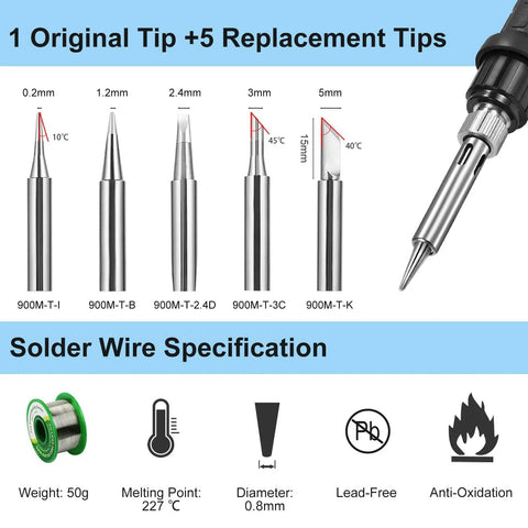 Pro Grade 130W Digital Soldering Station Kit with extra tips and specifications for lead-free solder wire.