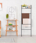 Versatile Blanket And Towel Ladder With Shelf Wall Leaning Black Iron Rack in living room, home decor, towels hanging
