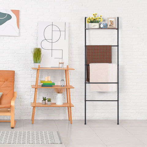 Versatile Blanket And Towel Ladder With Shelf Wall Leaning Black Iron Rack in living room, home decor, towels hanging