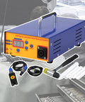 Electromagnetic Induction Auto Body Dent Repair Kit 1380W with tools for cars, trucks, SUVs in a garage setting.