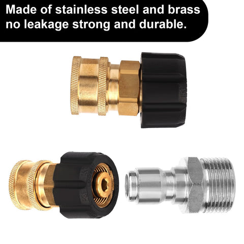 Side view of 8-piece pressure washer adapters with brass fittings and black quick-connect collars M22 to 3/8 fittings