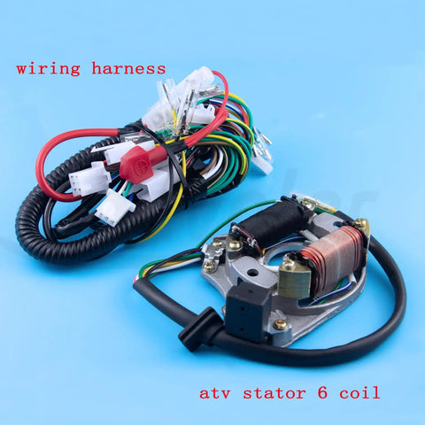 Universal All In One Electric Stator Coil CDI Wiring Harness And Spark Plug Kit for 49cc to 125cc engines, including wiring and coil.