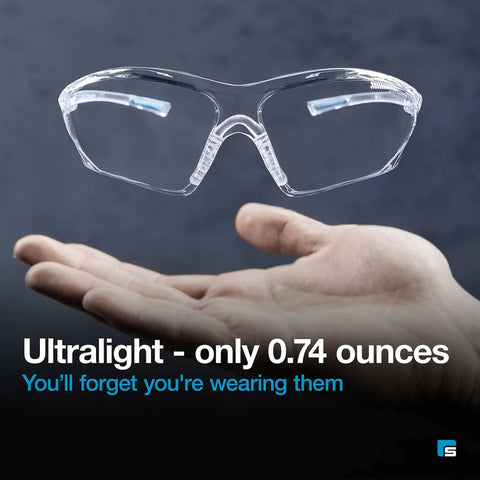 Clear Lens Safety Glasses With Side Shields Anti Fog Anti Scratch Anti Glare UV Protection Protective Eyewear hovering above a hand, showing lightweight design.