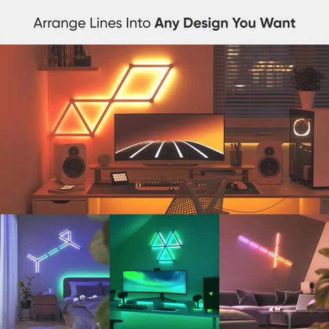 Lines LED Wall Lights Expansion Pack, 3 Panel RGBW Smart Geometry Light Bars with Screen and Music Sync, arranged in various patterns