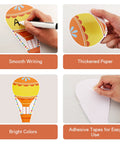 60 Colorful Hot Air Balloon Paper Cutouts With 120 Glue Dots, 6 Styles (10 Each), showing smooth writing and adhesive use.