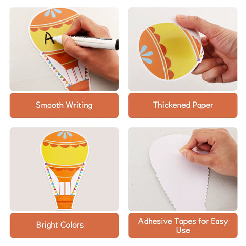 60 Colorful Hot Air Balloon Paper Cutouts With 120 Glue Dots, 6 Styles (10 Each), showing smooth writing and adhesive use.