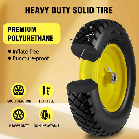 Flat Free 4.80 4.00 8 Inch Wheel And Tire For Wheelbarrows And Hand Trucks showcasing heavy duty solid tire features