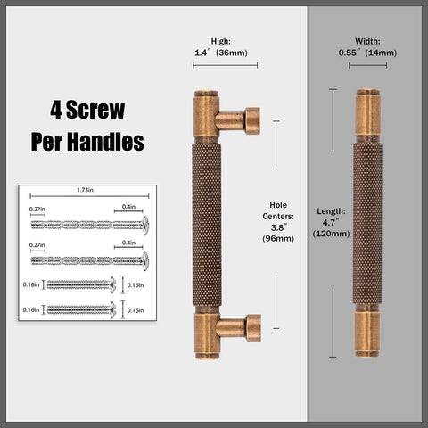 Diagram of Antique Brass Knurled Cabinet Pulls Set, 10 Pack, 3.75 Inch 96mm Kitchen Cabinet Handles with dimensions.