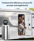 Portable RV Water Softener 16,000 Grain With Stainless Steel Tank next to a family by an RV