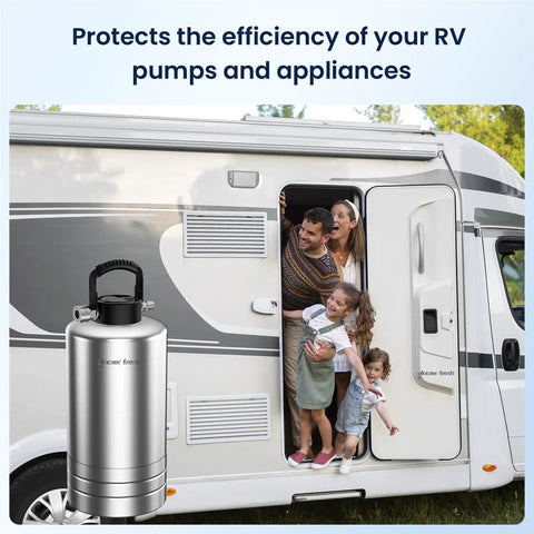 Portable RV Water Softener 16,000 Grain With Stainless Steel Tank next to a family by an RV