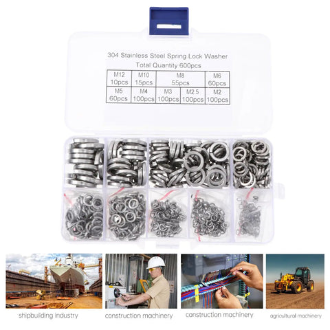 600 Piece Stainless Steel Spring Washer And Spacer Kit Silver Finish Prevents Loosening In Vibration And Alternating Load Applications