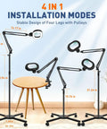 Four installation modes of a 12x Large Floor Magnifying Glass With Light And Stand For Up Close Work Reading Crafts Sewing And Hobbies.