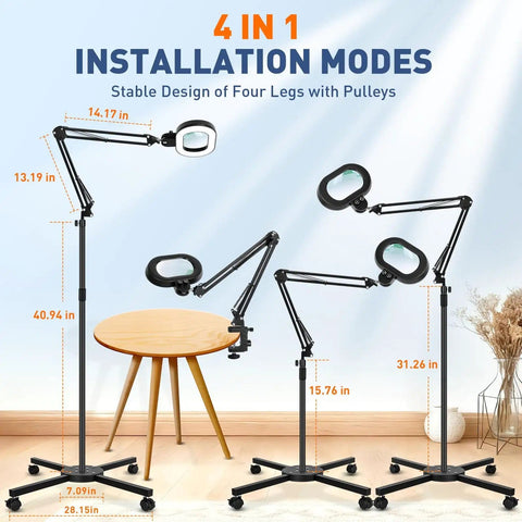 Four installation modes of a 12x Large Floor Magnifying Glass With Light And Stand For Up Close Work Reading Crafts Sewing And Hobbies.