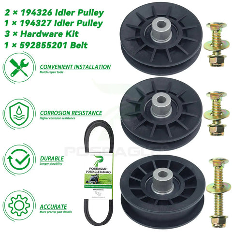 2 Pack Heavy Duty Idler Pulleys And Belt Replacement Kit 532194326 532194327 532130969 shown with belt and hardware