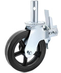 Heavy Duty Iron Core Swivel Casters 8 Inch Set Of Four With Dual Locking Brakes Tough As Nails Polyurethane Treads 1100 Lbs Load Each Smooth Rolling Threaded Base Mount close-up of a single caster with black polyurethane wheel.