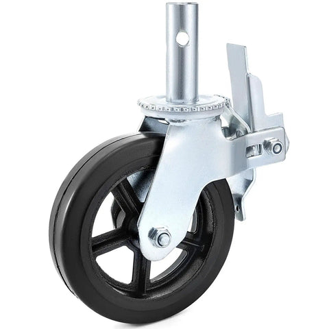 Heavy Duty Iron Core Swivel Casters 8 Inch Set Of Four With Dual Locking Brakes Tough As Nails Polyurethane Treads 1100 Lbs Load Each Smooth Rolling Threaded Base Mount close-up of a single caster with black polyurethane wheel.