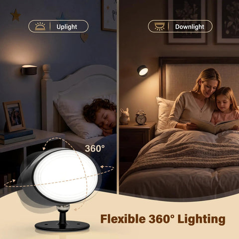 Battery Operated Wall Sconce 2 Pack, Rechargeable Wall Lights for Bedroom with flexible 360-degree lighting, uplight and downlight features.
