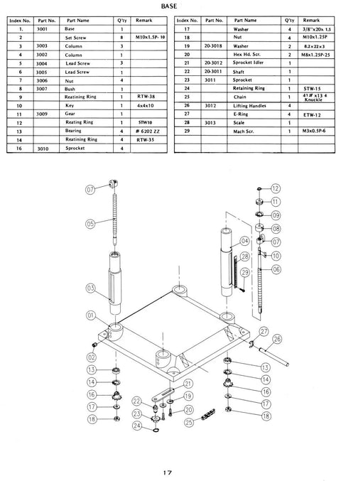 Pro Level Service And Parts Manual For 15 Inch Wood Planer Molder, parts diagram showing base components and assembly details.