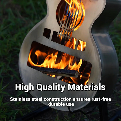 Portable Outdoor Guitar Style Fire Pit Brazier No Assembly Required Smokeless Wood Burning One Piece Stainless Steel Firepit With Carry Bag for Camping Patio Yard Garden Picnic and Bonfire Parties showing flames inside guitar shape.