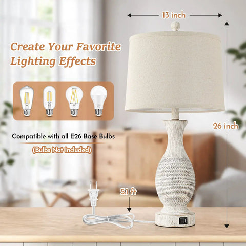 Two Pack 26 Inch Farmhouse Table Lamps with USB Charging Ports, Rotary Switch, E26 Base, Fabric Shade displayed on table