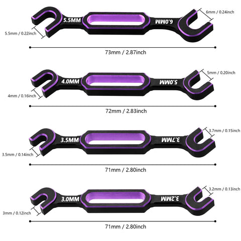 Aluminum RC Wrench Set 4 Piece With 3.0 3.2 3.5 3.7 4.0 5.0 5.5 6.0mm Turnbuckle Nut Ball Joint Remover For RC Cars Boats Drones Upgrade Tools Purple Kit, showing four purple aluminum wrenches with labeled sizes.