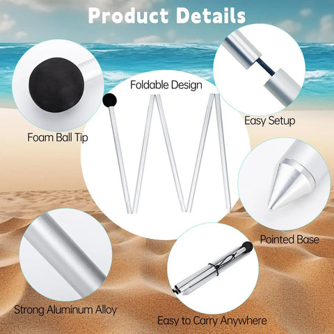 Heavy Duty 6.56ft Aluminum Beach Tent Poles 2 Pack Replacement Set showing foldable and wind-resistant features on sand