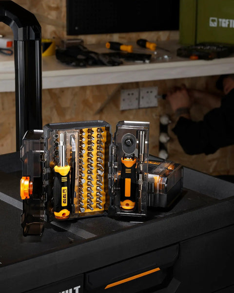 78 PCS Precision Screwdriver Set All In One With Socket Bits And Ratcheting Wrench in case on workbench