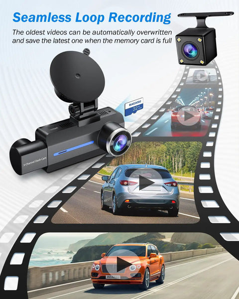 2.5K Front Inside And Rear Dash Cam For Cars With 32GB Card 3 Channel 1440P Night Vision shown with seamless loop recording feature