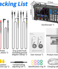 Packing list for Handheld Digital Oscilloscope Kit With 2 Channel Input, 120MHz Bandwidth, probes, user manual, and accessories.