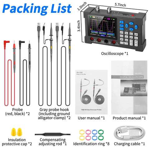 Packing list for Handheld Digital Oscilloscope Kit With 2 Channel Input, 120MHz Bandwidth, probes, user manual, and accessories.