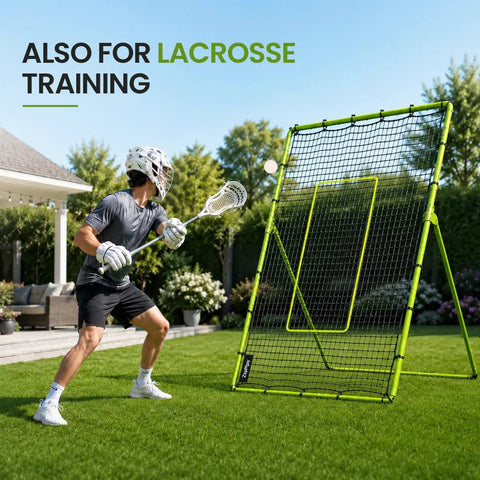 Volleyball Rebounder Net 7x4 Ft With Five Adjustable Angles in backyard used for lacrosse training, person practicing with stick.