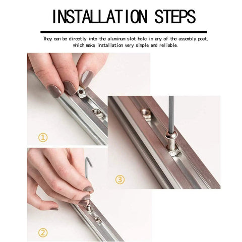 Installation steps for 50 Pack 4040 Series M8 Hammer Head T Slot Nuts in 40 Series Aluminum Extrusion shown in close-up steps.