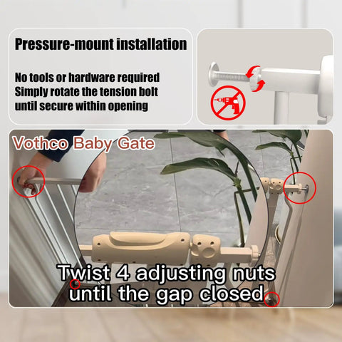 Pressure-mounted installation of Extra Wide Baby Gate For Doorways And Stairs 57.5 To 62 Inch showing adjustable tension bolts.