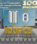Image showing 100 aluminum sleeve stops with dimensions for Heavy Duty Stainless Steel Wire Rope Kit 400 Ft Long 1/32 Inch Cable.