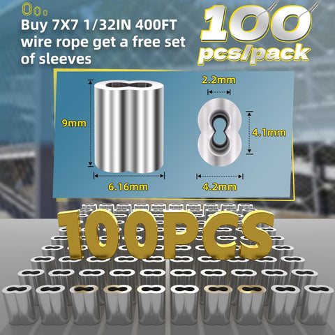 Image showing 100 aluminum sleeve stops with dimensions for Heavy Duty Stainless Steel Wire Rope Kit 400 Ft Long 1/32 Inch Cable.