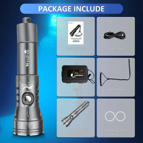 Beast Mode Underwater Dive Light With 10W LED package includes waterproof scuba torch, USB cable, instructions, and hand rope.
