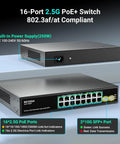 Front view of 18 Port 2.5G PoE Switch Unmanaged With 16 PoE Ports And 2x 10G SFP Uplink All-In-One Power Budget Up To 250W