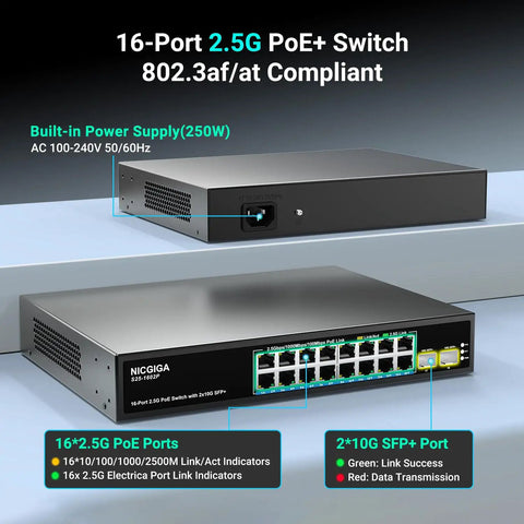 Front view of 18 Port 2.5G PoE Switch Unmanaged With 16 PoE Ports And 2x 10G SFP Uplink All-In-One Power Budget Up To 250W