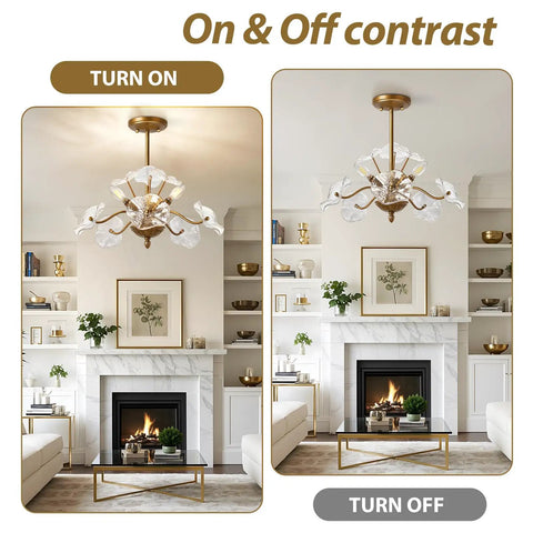 Modern Gold Chandelier Vintage Brass Flower Glass Pendant Light Mid Century Ceiling Lamp contrast view in living room.