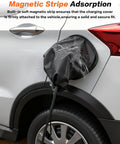 Universal EV Charger Cover No Sweat Waterproof Rain And Snow Protection Rock Solid Magnetic Grip on electric vehicle's charging port.